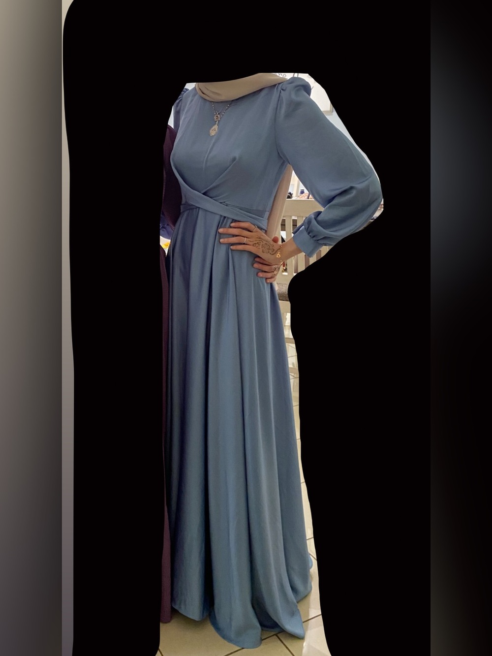 Satin Tie-Front Light Blue Maxi Dress with Long Sleeves